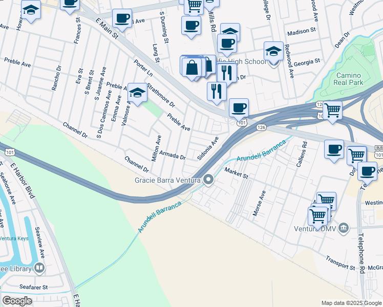 map of restaurants, bars, coffee shops, grocery stores, and more near 3389 Rexford Street in Ventura