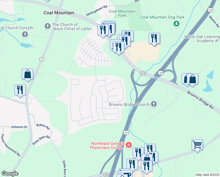 map of restaurants, bars, coffee shops, grocery stores, and more near 3625 New River Court in Cumming
