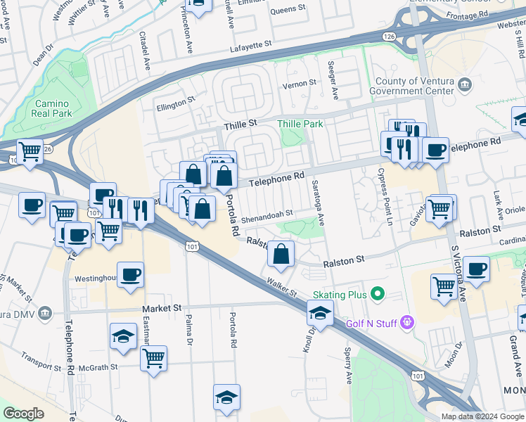 map of restaurants, bars, coffee shops, grocery stores, and more near 1243 Bryce Way in Ventura