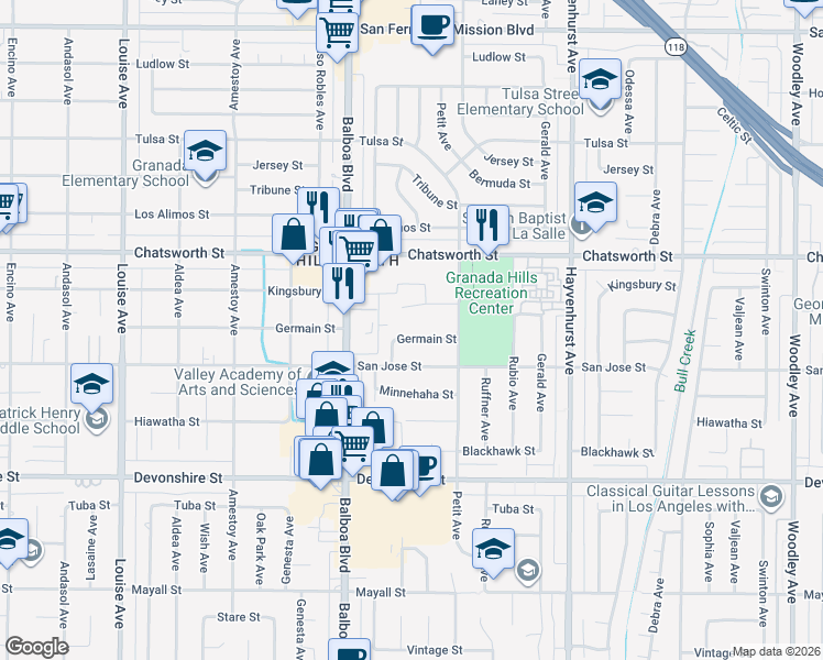 map of restaurants, bars, coffee shops, grocery stores, and more near 16866 Kingsbury Street in Los Angeles