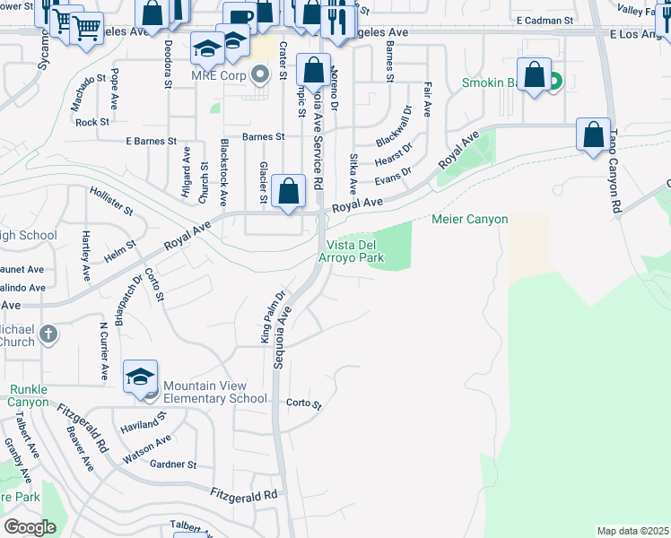 map of restaurants, bars, coffee shops, grocery stores, and more near 3453 Green Pine Place in Simi Valley