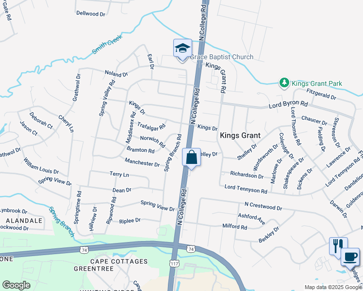 map of restaurants, bars, coffee shops, grocery stores, and more near 910 Spring Branch Road in Wilmington