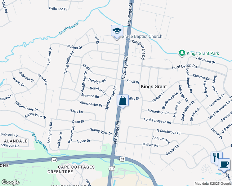 map of restaurants, bars, coffee shops, grocery stores, and more near 910 Spring Branch Road in Wilmington