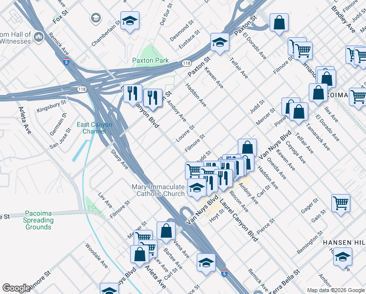map of restaurants, bars, coffee shops, grocery stores, and more near 10558 Laurel Canyon Boulevard in Los Angeles