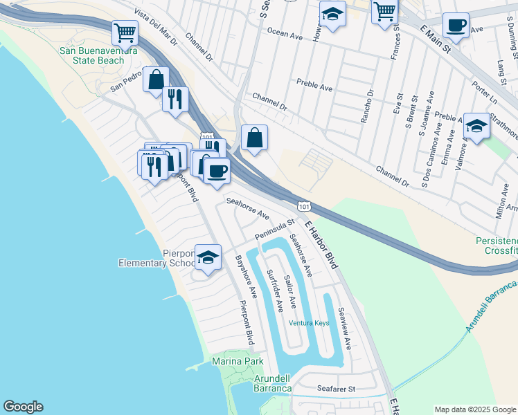 map of restaurants, bars, coffee shops, grocery stores, and more near 2552 Seahorse Avenue in Ventura