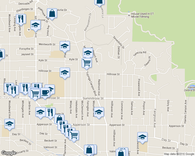 map of restaurants, bars, coffee shops, grocery stores, and more near 10635 Redmont Avenue in Los Angeles