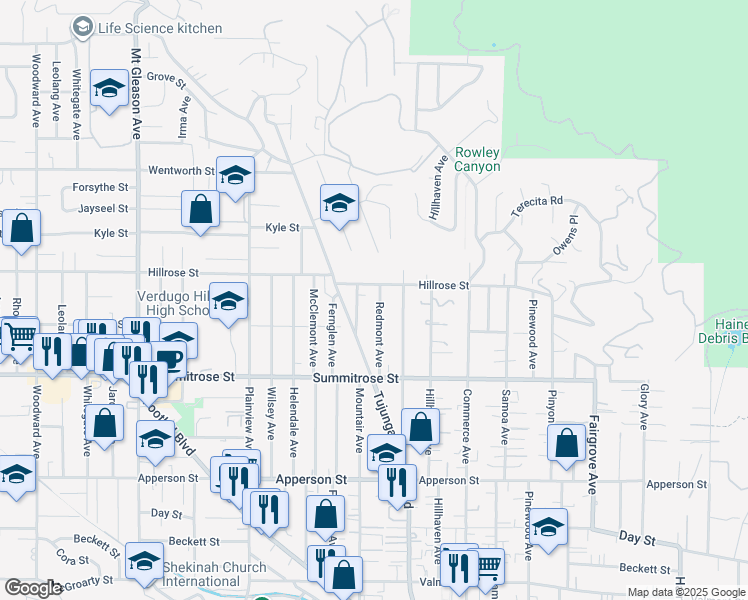 map of restaurants, bars, coffee shops, grocery stores, and more near 10635 Redmont Avenue in Los Angeles