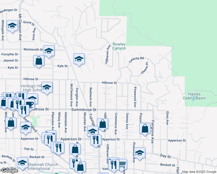 map of restaurants, bars, coffee shops, grocery stores, and more near 10630 Hillhaven Avenue in Los Angeles
