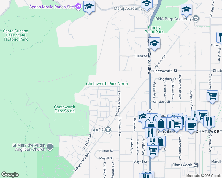 map of restaurants, bars, coffee shops, grocery stores, and more near 22212 Germain Street in Los Angeles