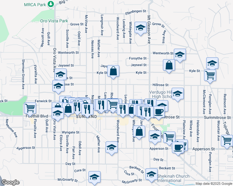 map of restaurants, bars, coffee shops, grocery stores, and more near 10631 Woodward Avenue in Los Angeles