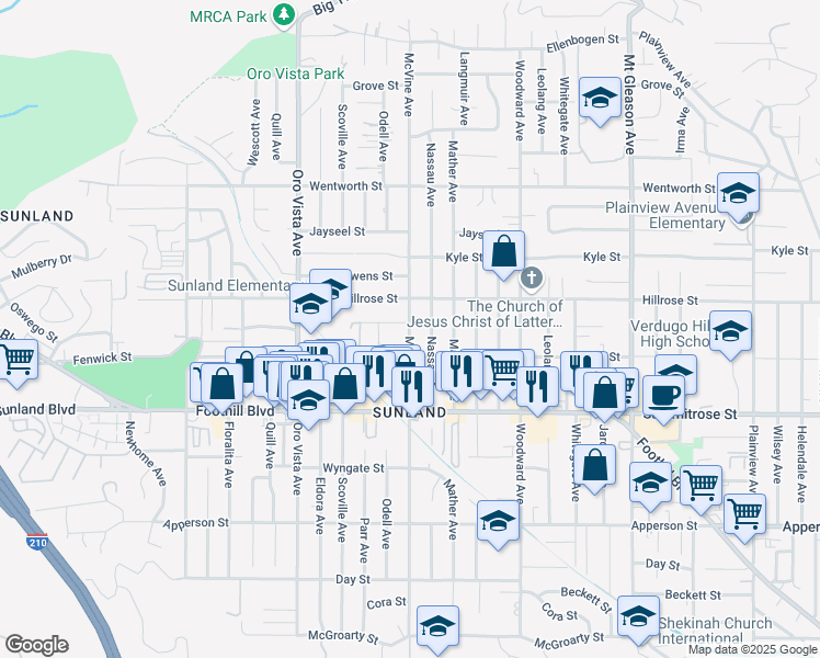 map of restaurants, bars, coffee shops, grocery stores, and more near 10621 McVine Avenue in Los Angeles