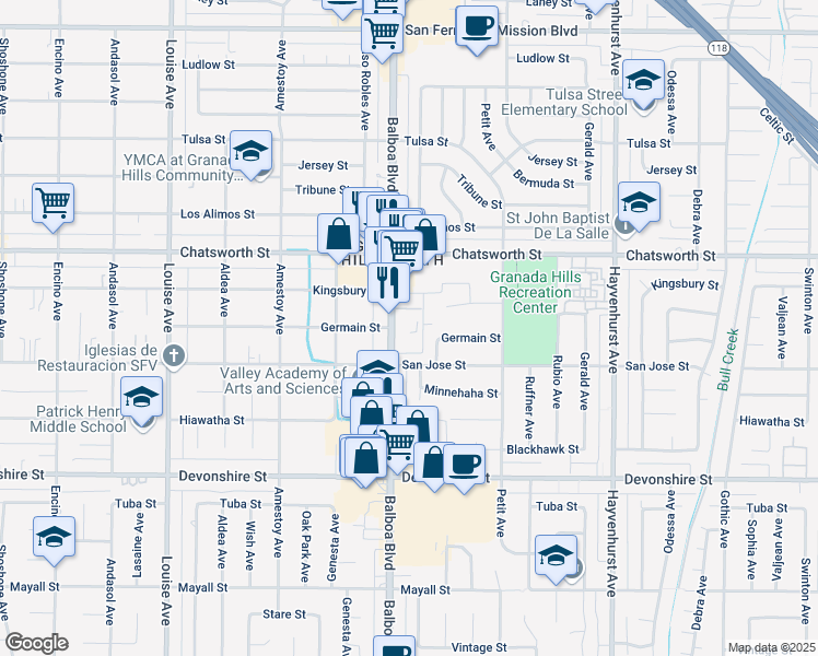 map of restaurants, bars, coffee shops, grocery stores, and more near 10540 Balboa Boulevard in Los Angeles