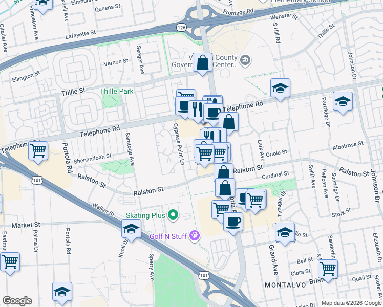 map of restaurants, bars, coffee shops, grocery stores, and more near 1320 San Simeon Court in Ventura