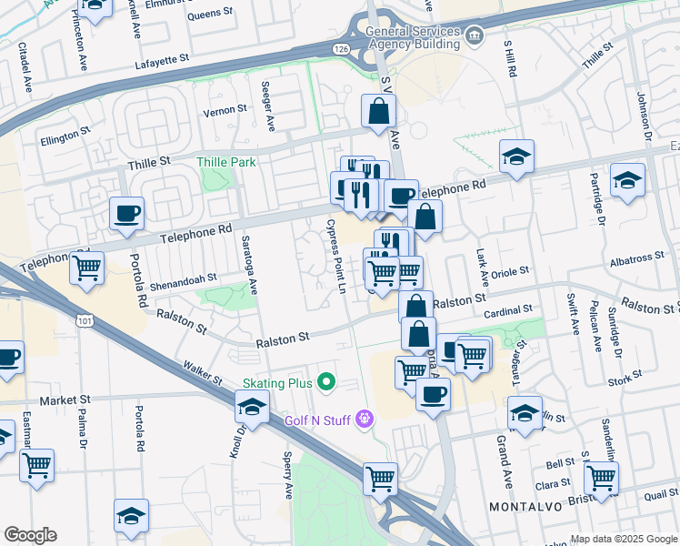 map of restaurants, bars, coffee shops, grocery stores, and more near 1375 Cypress Point Lane in Ventura
