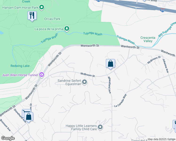 map of restaurants, bars, coffee shops, grocery stores, and more near 10571 North Horse Creek Avenue in Los Angeles
