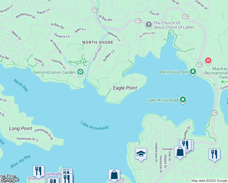 map of restaurants, bars, coffee shops, grocery stores, and more near in Lake Arrowhead