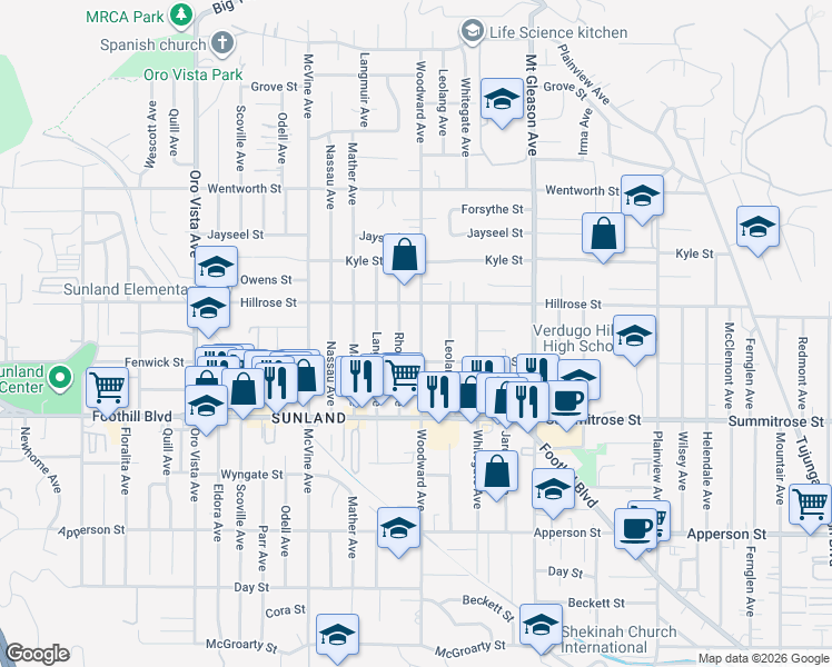 map of restaurants, bars, coffee shops, grocery stores, and more near 10631 Woodward Avenue in Los Angeles
