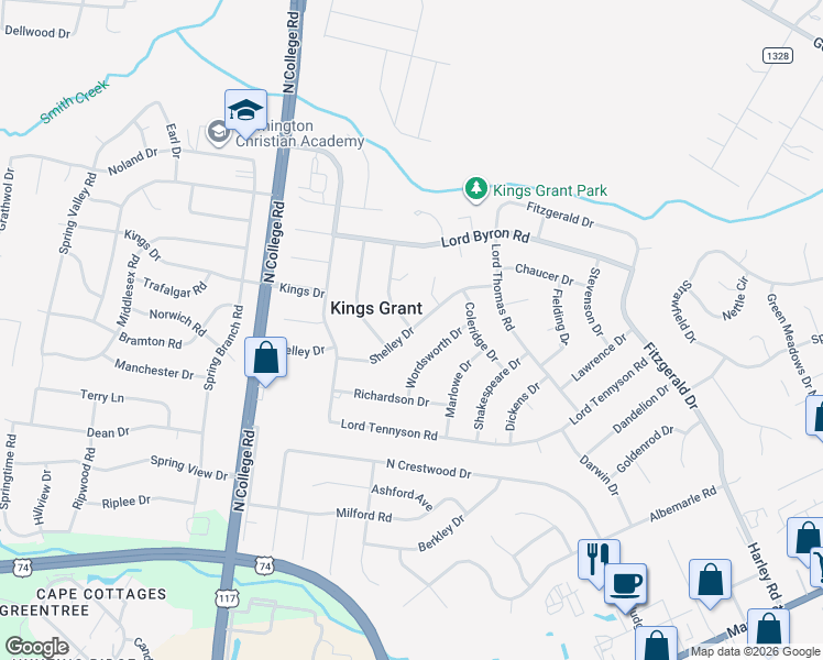 map of restaurants, bars, coffee shops, grocery stores, and more near Shelly Dr in Kings Grant
