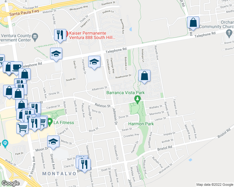 map of restaurants, bars, coffee shops, grocery stores, and more near 1630 Parrot Court in Ventura