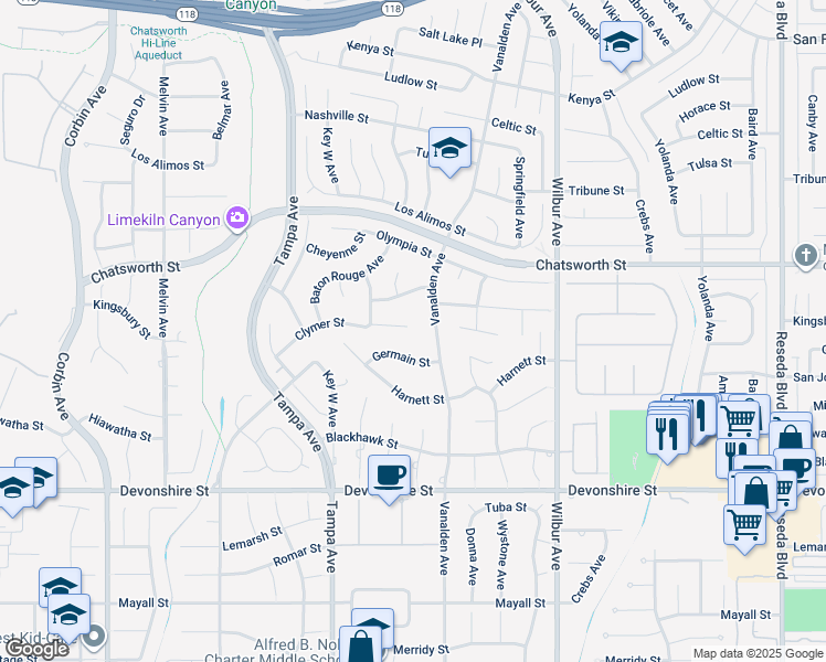 map of restaurants, bars, coffee shops, grocery stores, and more near 19136 Kingsbury Street in Los Angeles