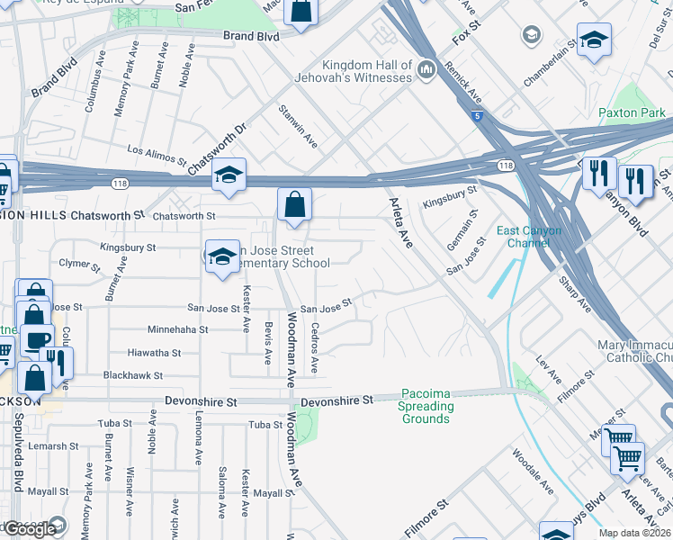 map of restaurants, bars, coffee shops, grocery stores, and more near 14700 Clymer Street in Los Angeles