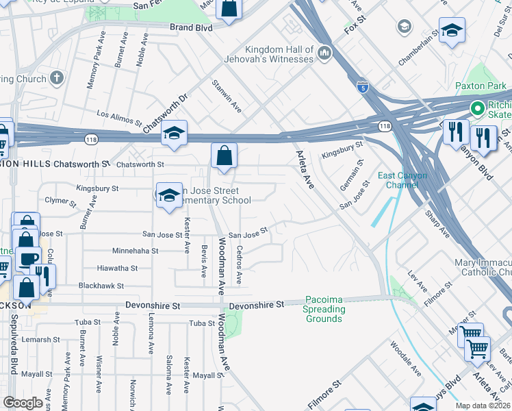 map of restaurants, bars, coffee shops, grocery stores, and more near 14700 Clymer Street in Los Angeles