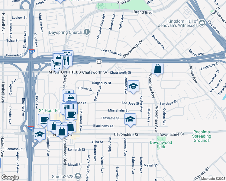 map of restaurants, bars, coffee shops, grocery stores, and more near 15051 Germain Street in Los Angeles