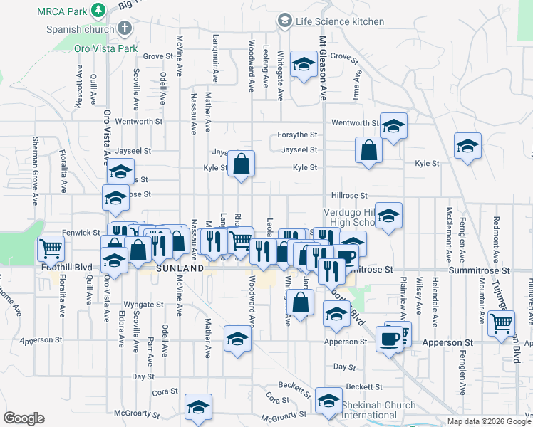 map of restaurants, bars, coffee shops, grocery stores, and more near 7948 Hillrose Street in Los Angeles