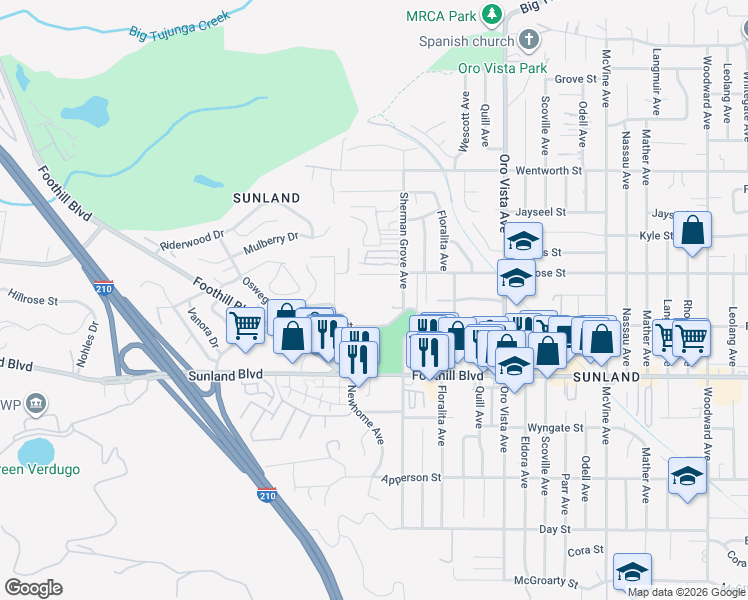 map of restaurants, bars, coffee shops, grocery stores, and more near 8640 Hillrose Street in Los Angeles