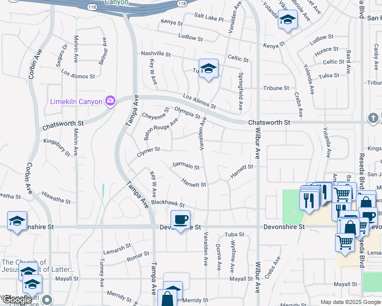 map of restaurants, bars, coffee shops, grocery stores, and more near 19136 Kingsbury Street in Los Angeles