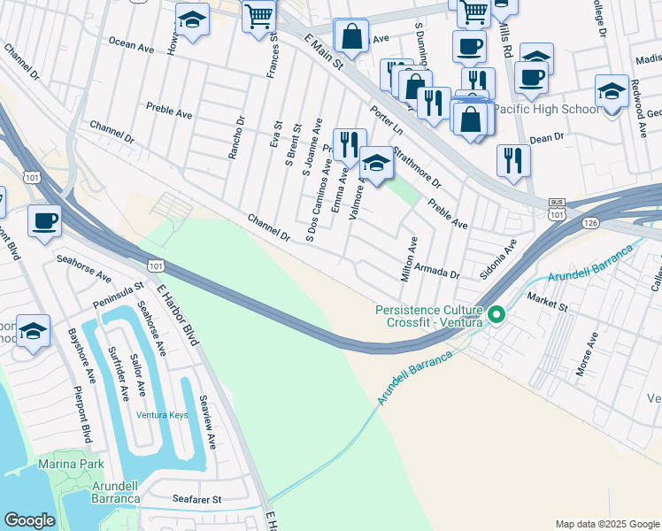 map of restaurants, bars, coffee shops, grocery stores, and more near 3079 Channel Drive in Ventura