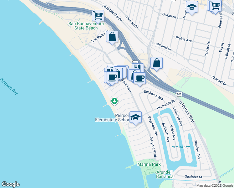 map of restaurants, bars, coffee shops, grocery stores, and more near 1115 Pittsfield Lane in Ventura
