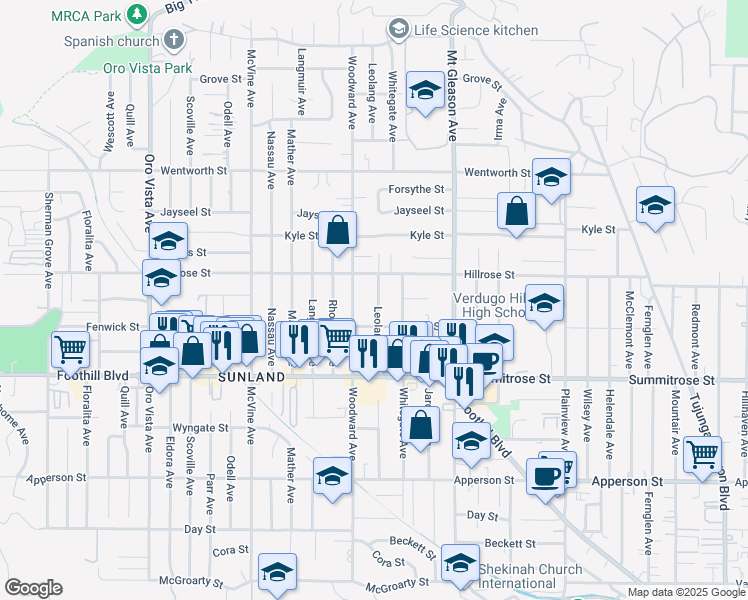 map of restaurants, bars, coffee shops, grocery stores, and more near 7948 Hillrose Street in Los Angeles