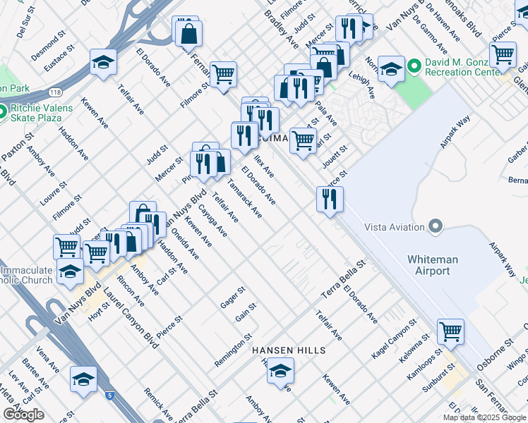 map of restaurants, bars, coffee shops, grocery stores, and more near 10621 El Dorado Avenue in Los Angeles