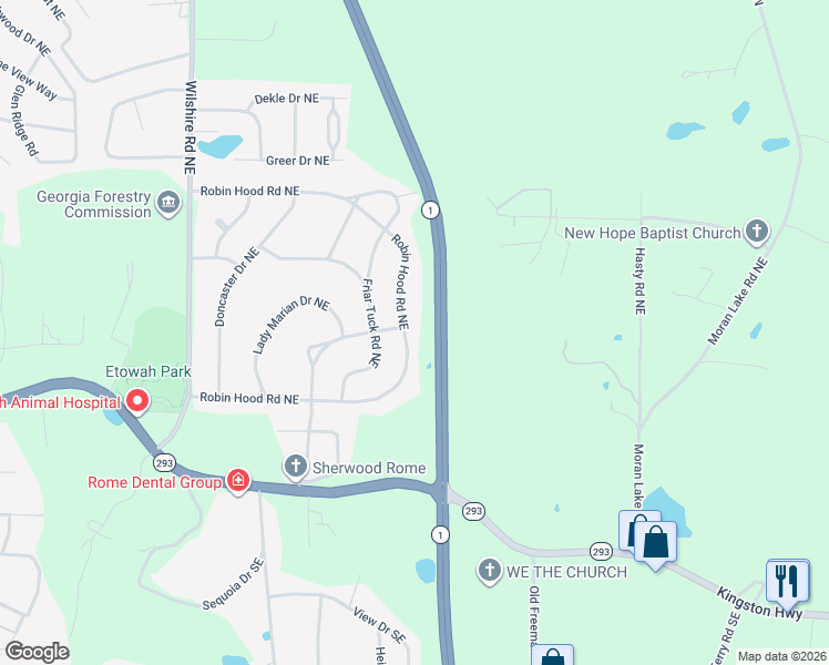 map of restaurants, bars, coffee shops, grocery stores, and more near 201 Robin Hood Road Northeast in Rome