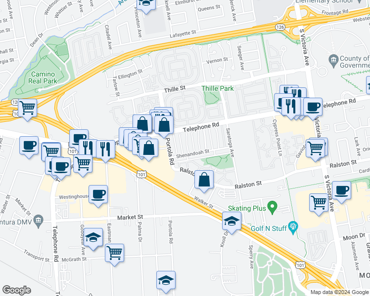map of restaurants, bars, coffee shops, grocery stores, and more near 1222 Acadia Place in Ventura