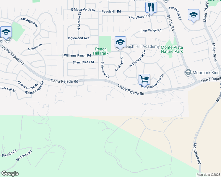 map of restaurants, bars, coffee shops, grocery stores, and more near 3881 Hidden Pine Court in Moorpark
