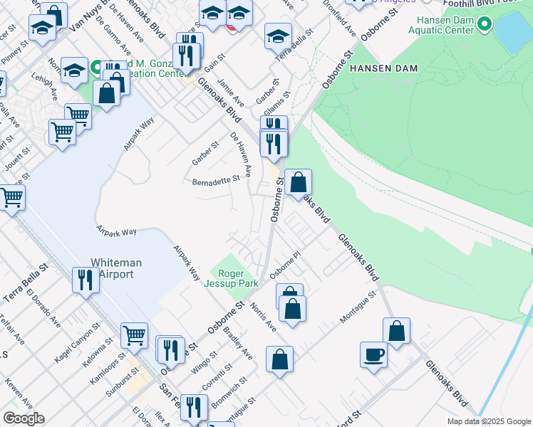 map of restaurants, bars, coffee shops, grocery stores, and more near 12351 Osborne Street in Los Angeles
