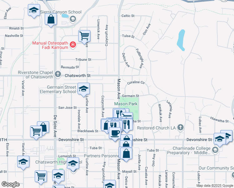 map of restaurants, bars, coffee shops, grocery stores, and more near 20500 Blairmoore Street in Los Angeles