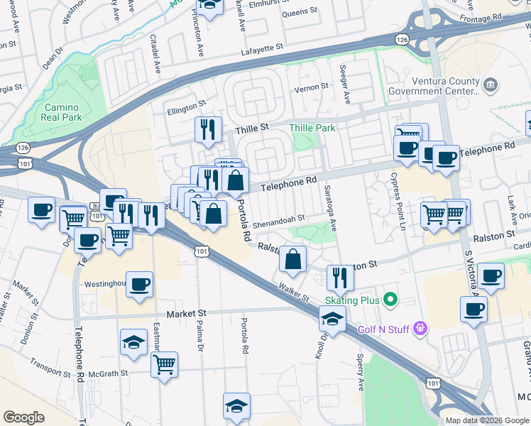 map of restaurants, bars, coffee shops, grocery stores, and more near 1222 Acadia Place in Ventura