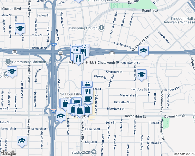 map of restaurants, bars, coffee shops, grocery stores, and more near 15256 Clymer Street in Los Angeles