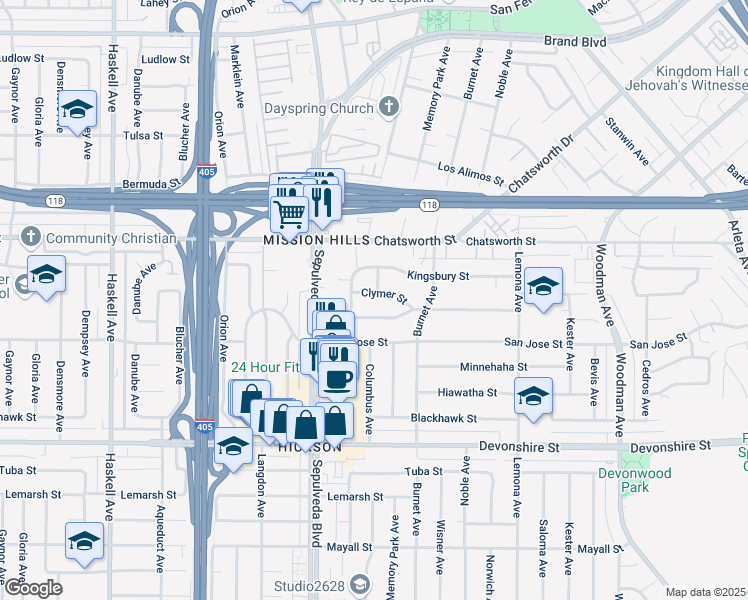 map of restaurants, bars, coffee shops, grocery stores, and more near 15256 Clymer Street in Los Angeles