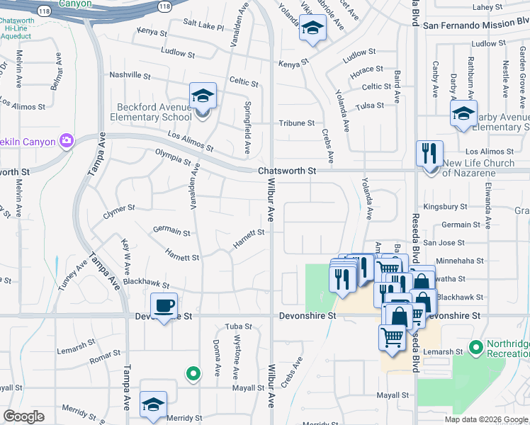 map of restaurants, bars, coffee shops, grocery stores, and more near 18900 Kingsbury Street in Los Angeles