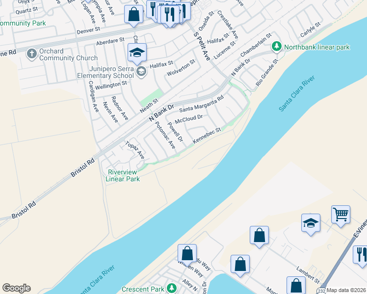 map of restaurants, bars, coffee shops, grocery stores, and more near 1841 Powell Drive in Ventura
