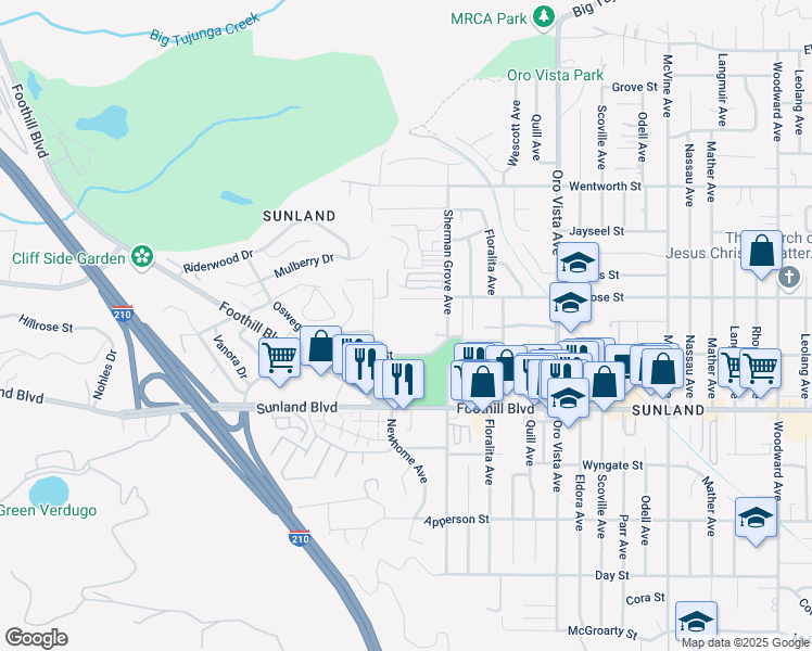 map of restaurants, bars, coffee shops, grocery stores, and more near 8640 Hillrose Street in Los Angeles