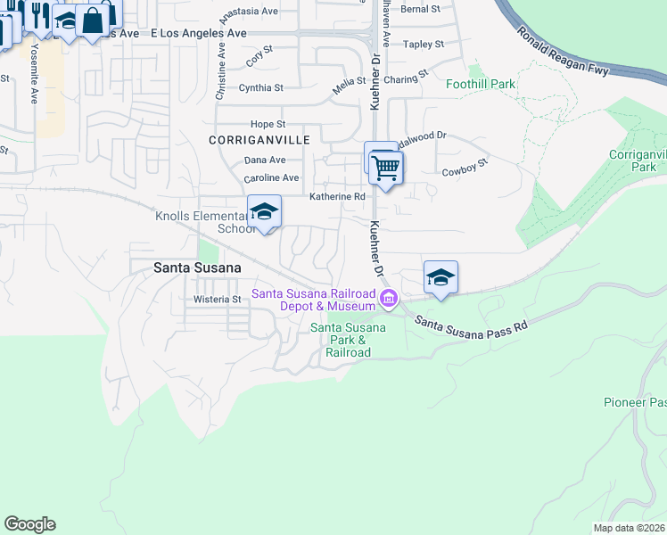 map of restaurants, bars, coffee shops, grocery stores, and more near 6480 Katherine Street in Simi Valley