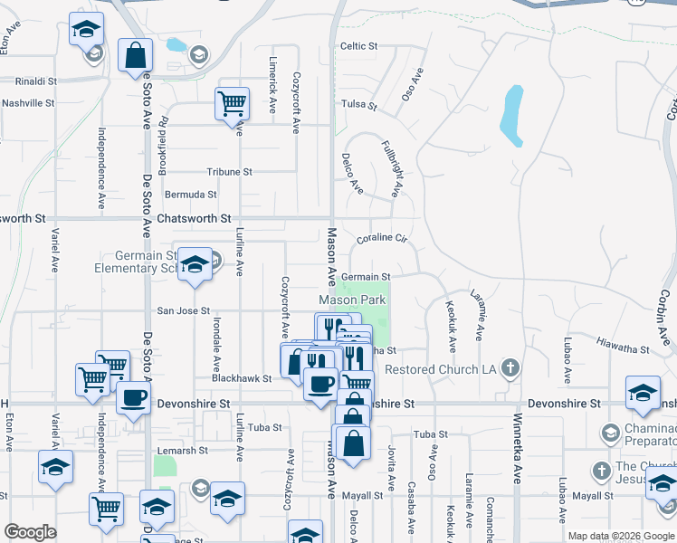 map of restaurants, bars, coffee shops, grocery stores, and more near 20441 Germain Street in Los Angeles