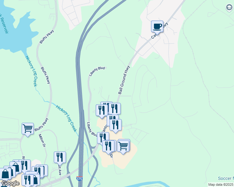 map of restaurants, bars, coffee shops, grocery stores, and more near 1829 Ball Ground Highway in Canton