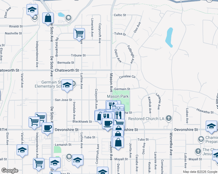 map of restaurants, bars, coffee shops, grocery stores, and more near 20500 Blairmoore Street in Los Angeles