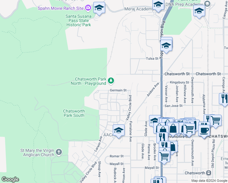 map of restaurants, bars, coffee shops, grocery stores, and more near 22236 Germain Street in Los Angeles